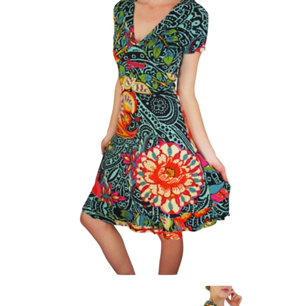 Floral V-Neck Midi Dress in Teal and Multicolor